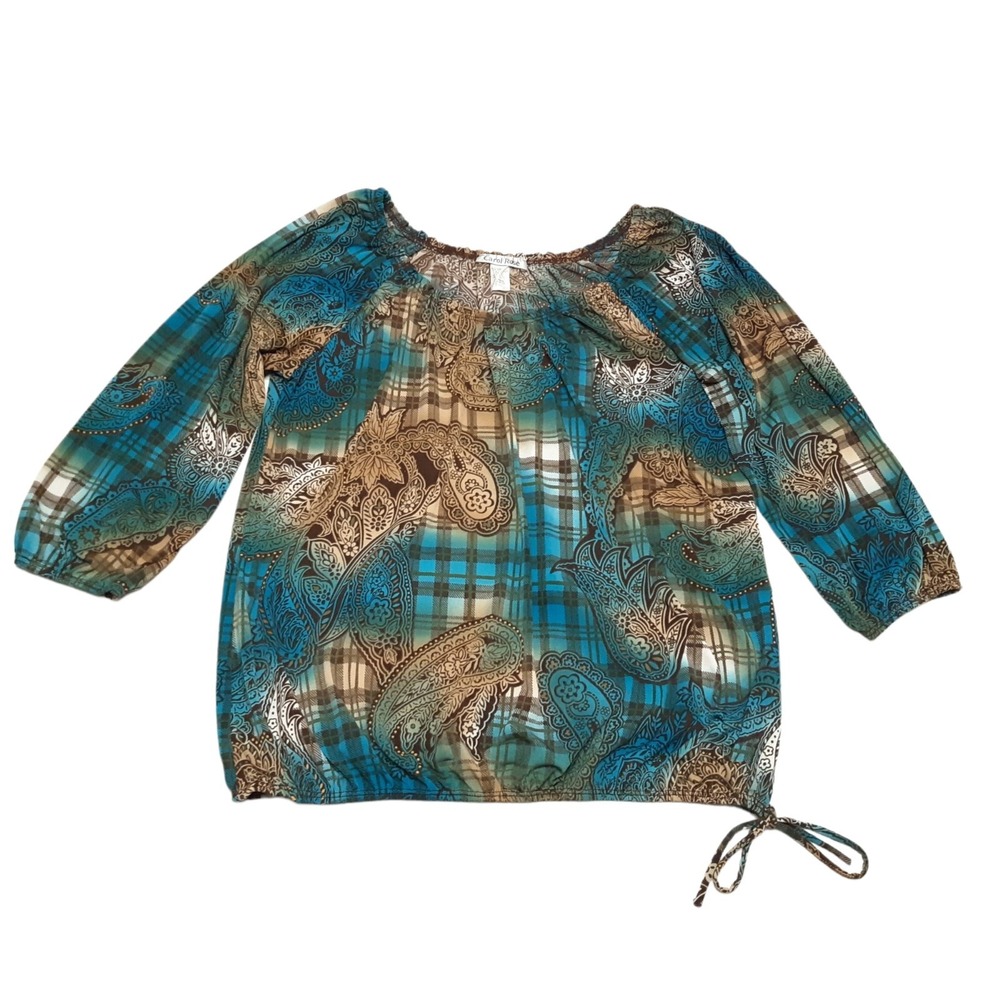 Vintage‎ Carol Rose Blouse Womens XL Green Paisley Plaid 3/4 Sleeve Stretch Top